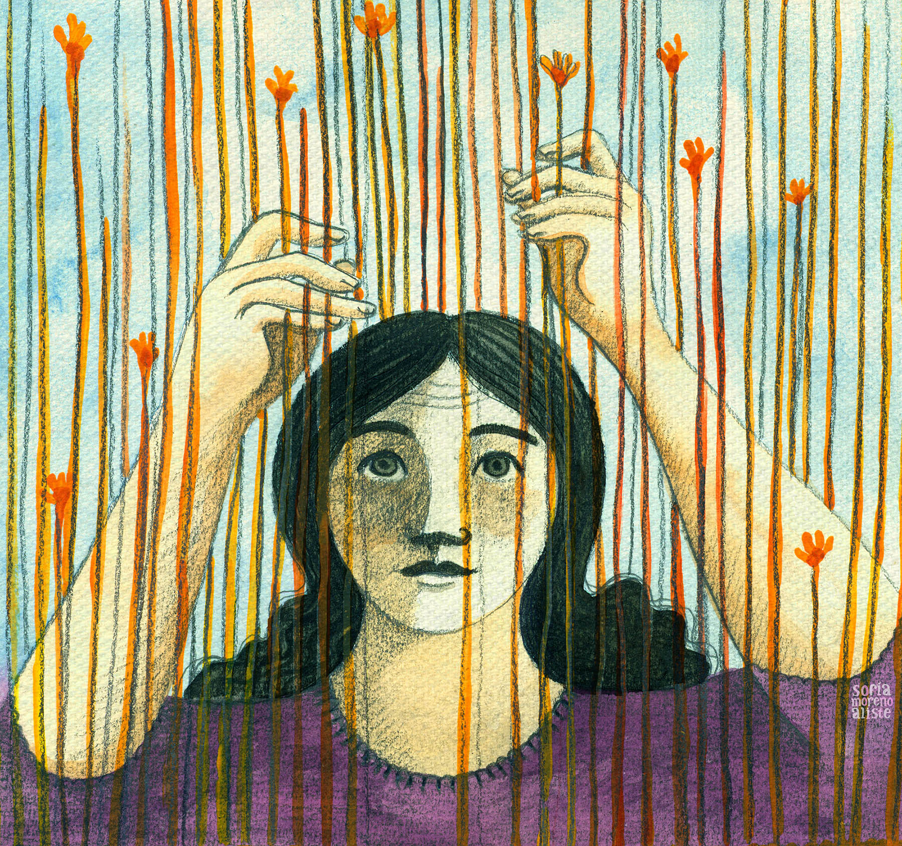 Ilustración de una mujer tejiendo a telar