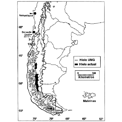 Extensión del hielo actual y del estimado para el Último Máximo Glacial